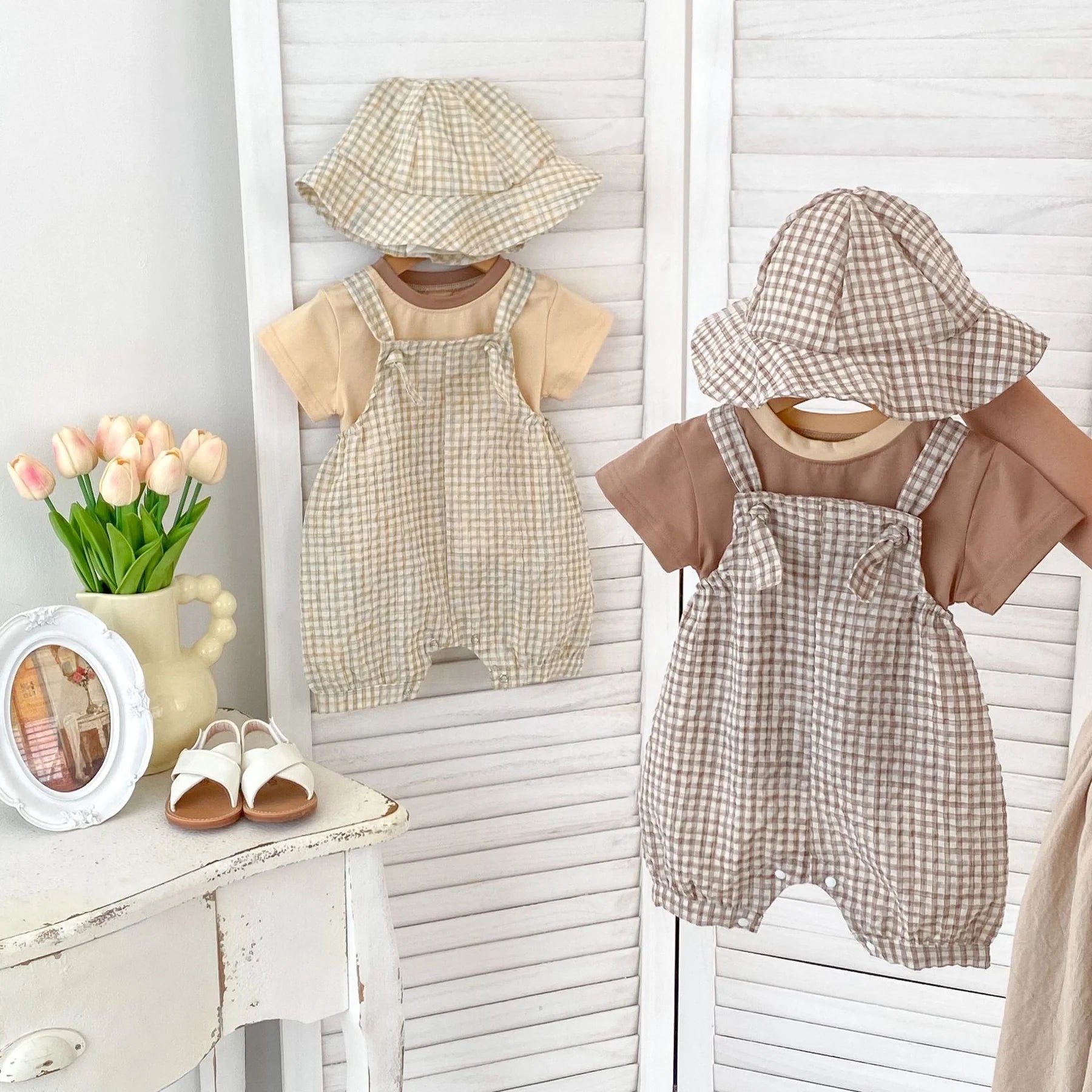 Gingham Baby Romper Set with T-Shirt and Hat