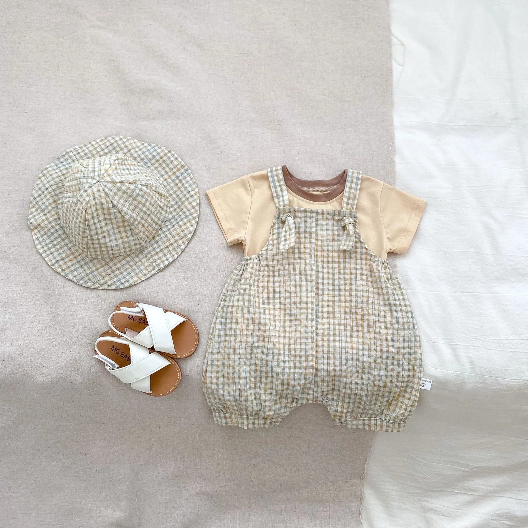 Gingham Baby Romper Set with T-Shirt and Hat