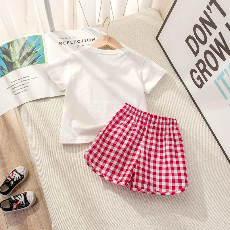 Cute Fruit Tees & Plaid Shorts Set