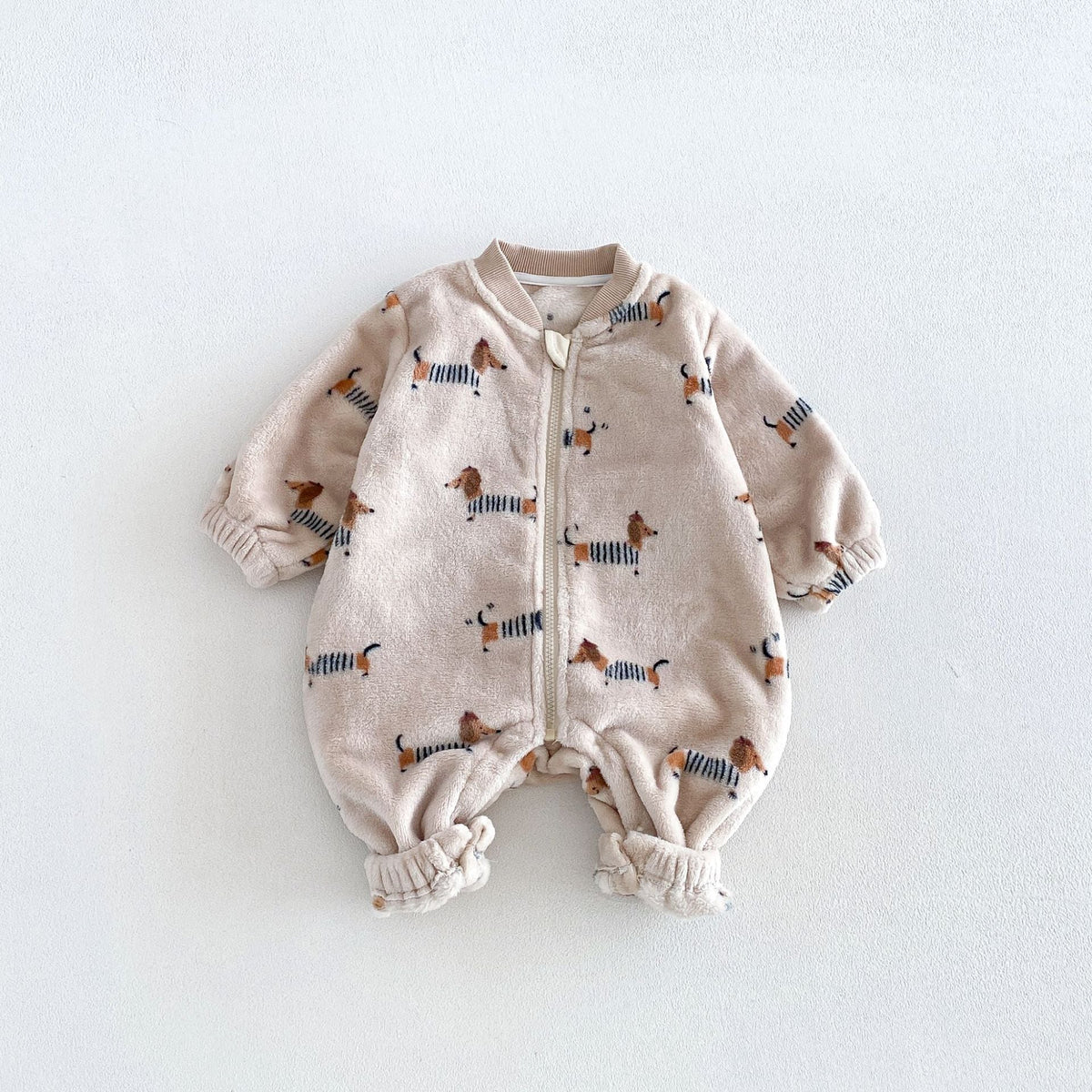 Dachshund print fleece baby romper with elastic cuffs