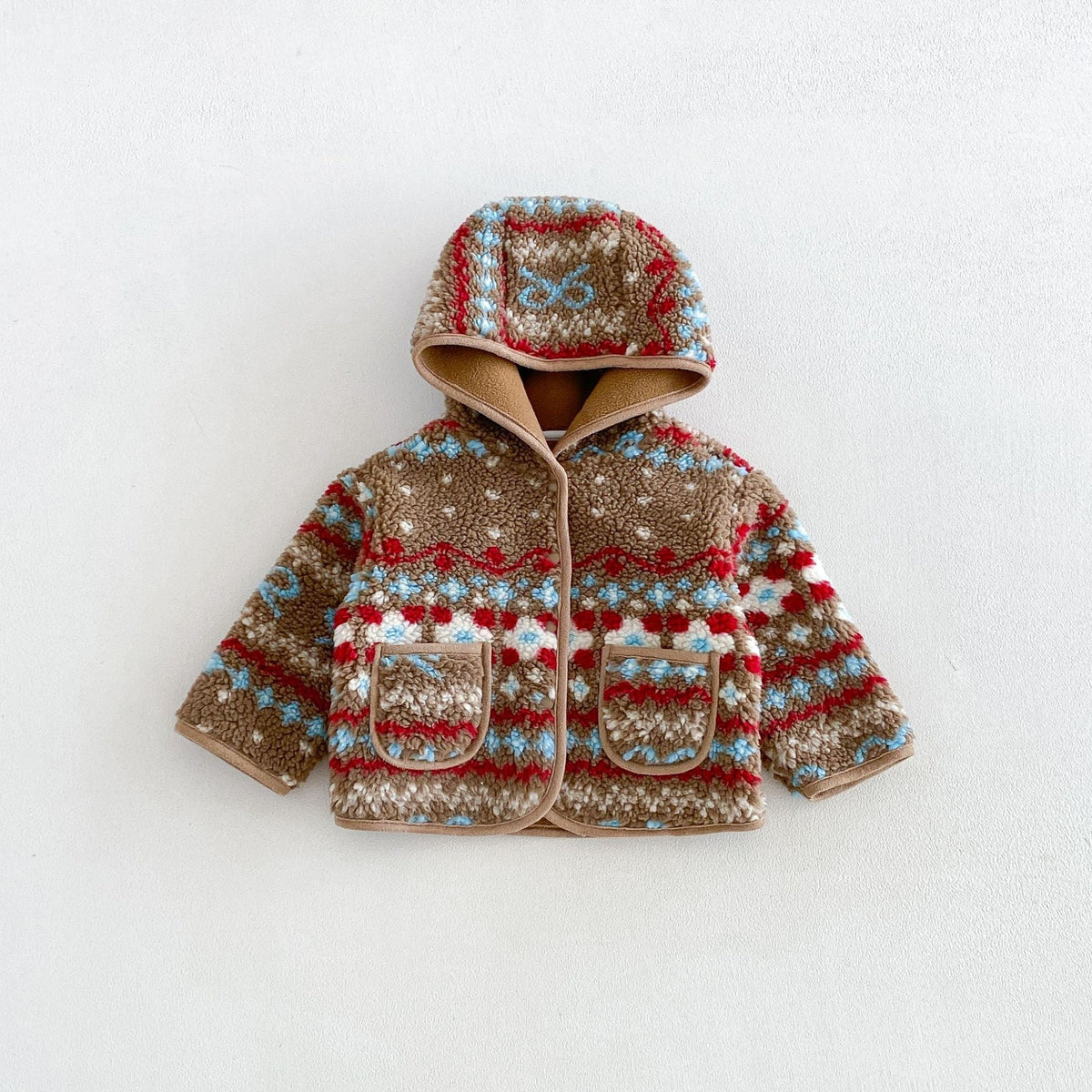Cocoa fair isle hooded sherpa jacket, flat lay