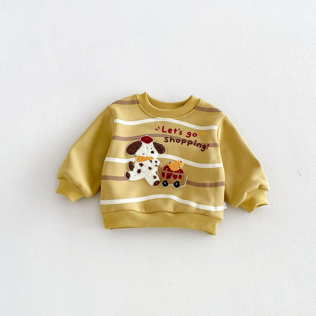 Mustard striped sweatshirt with an embroidered puppy and wagon