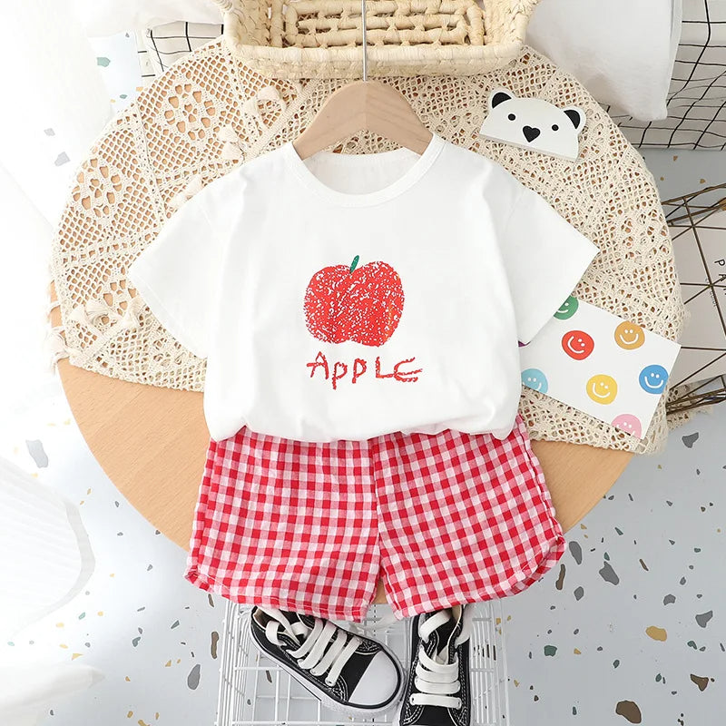 Cute Fruit Tees & Plaid Shorts Set