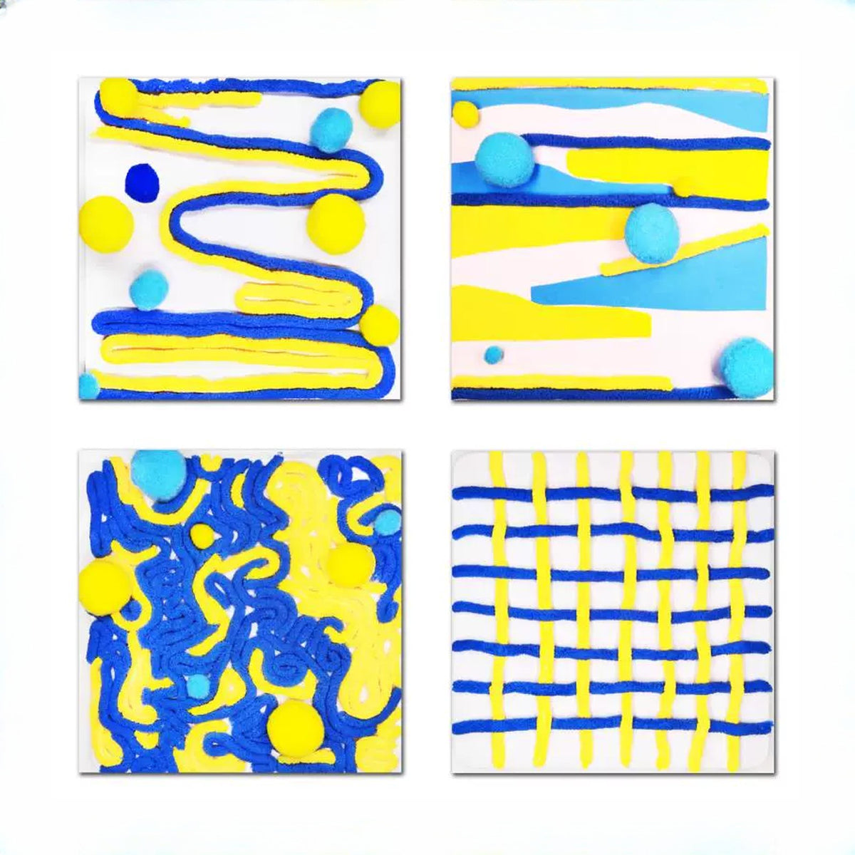 Sunny Contrast set of four tactile art tiles in cobalt blue and yellow yarn with pom-poms