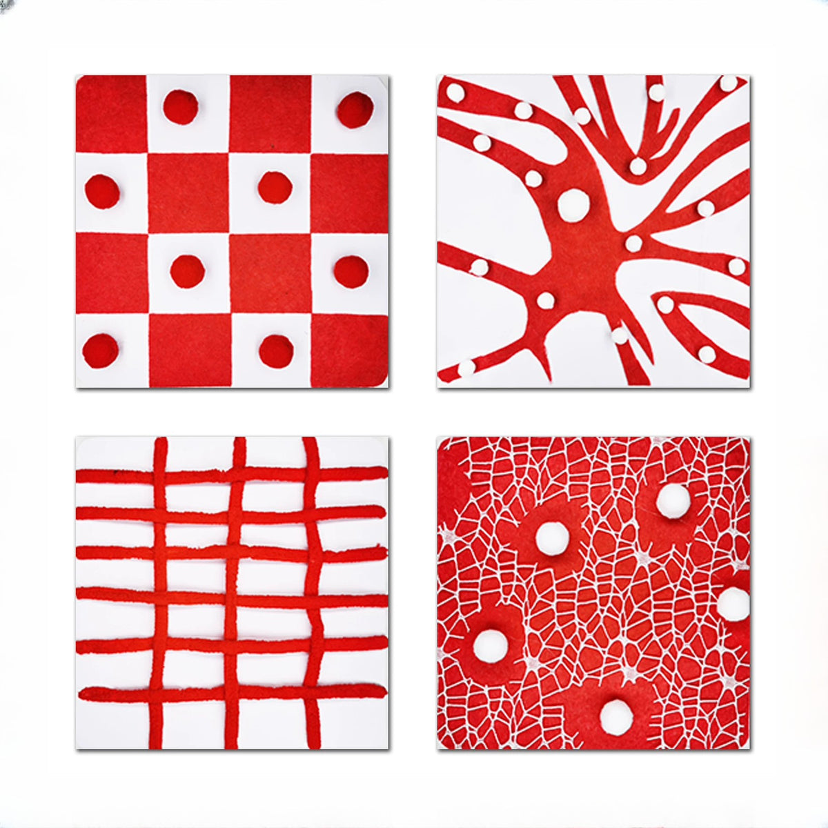 Cherry Red set of four tactile art tiles in red and white