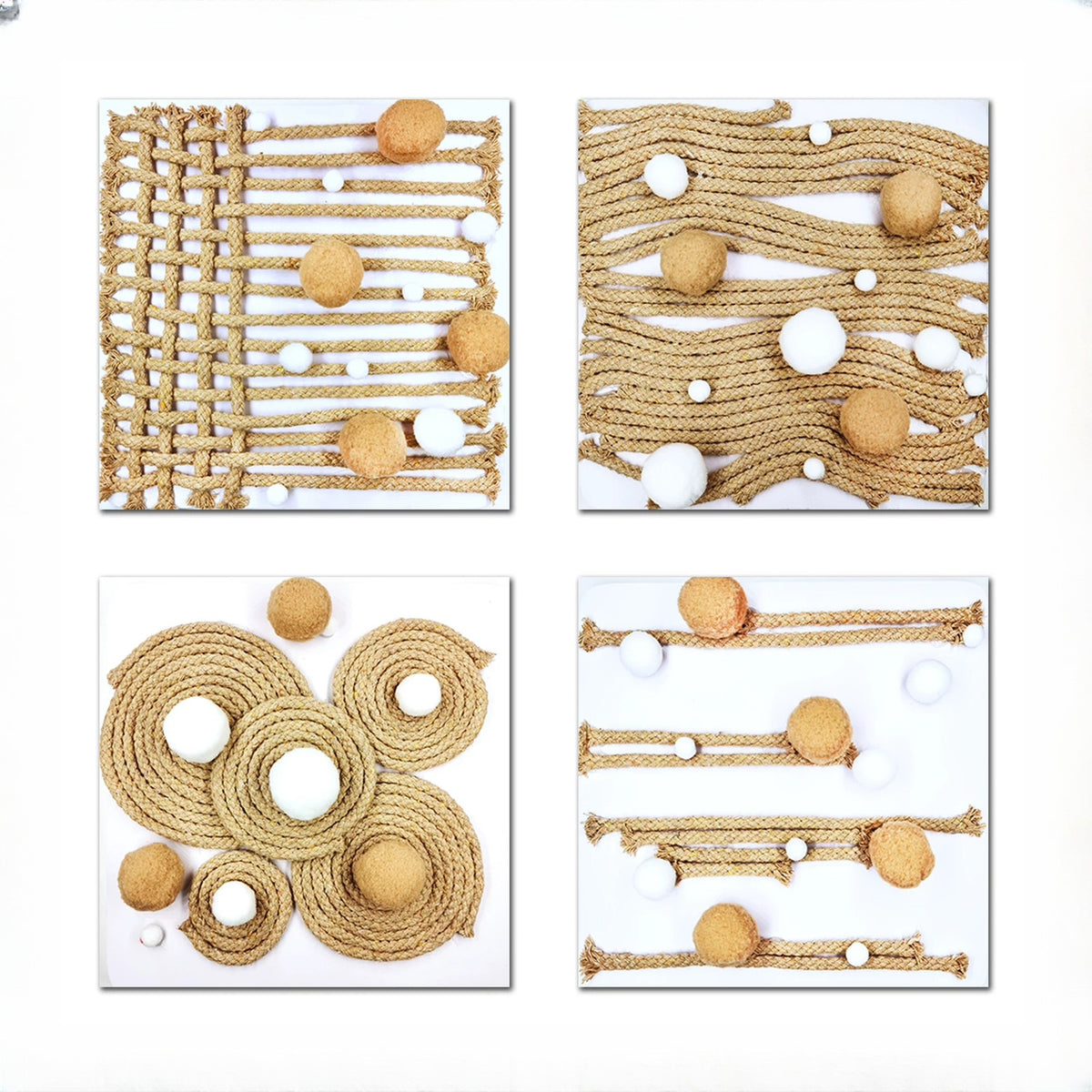 Natural Rope set of four tactile art tiles with jute rope and felt balls