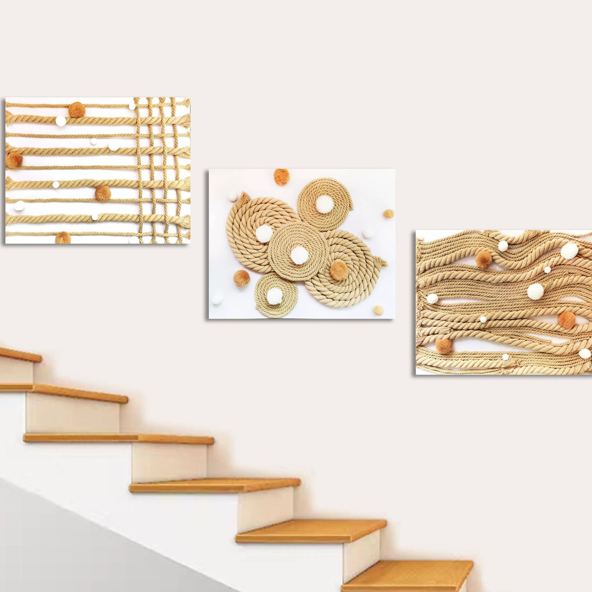 Natural Rope tactile tiles hung on a wall beside a staircase