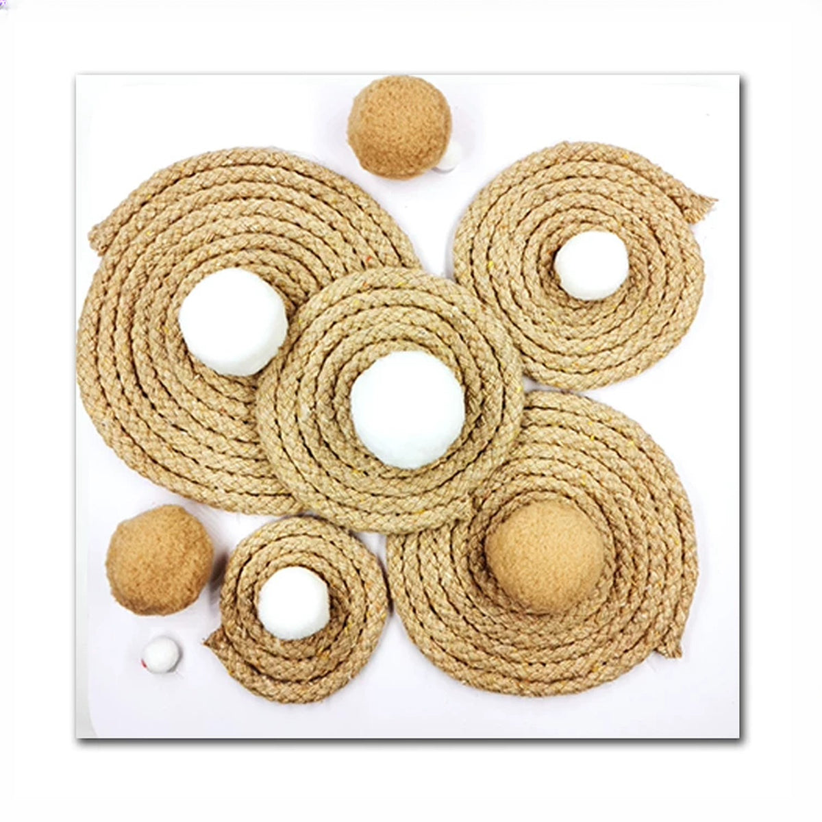 Close-up of a jute rope spiral tile with felt balls