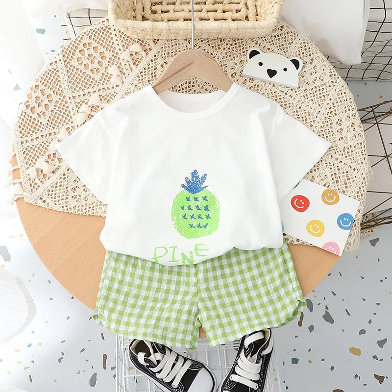 Cute Fruit Tees & Plaid Shorts Set