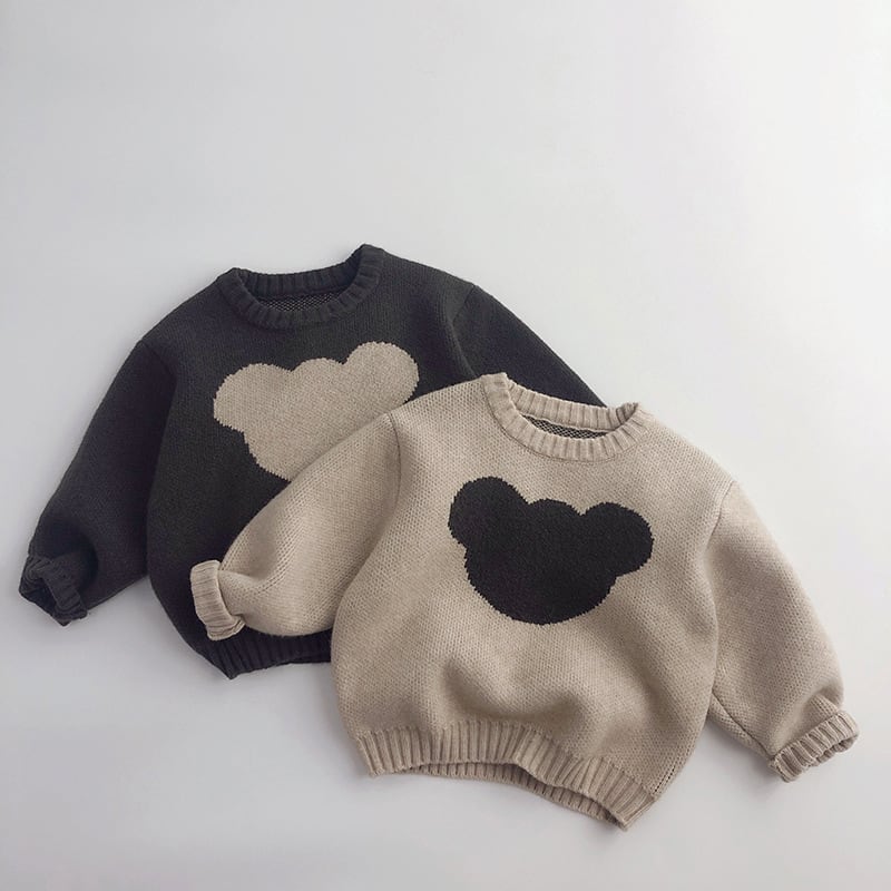Charcoal and oatmeal teddy bear knit sweaters for kids, flat lay
