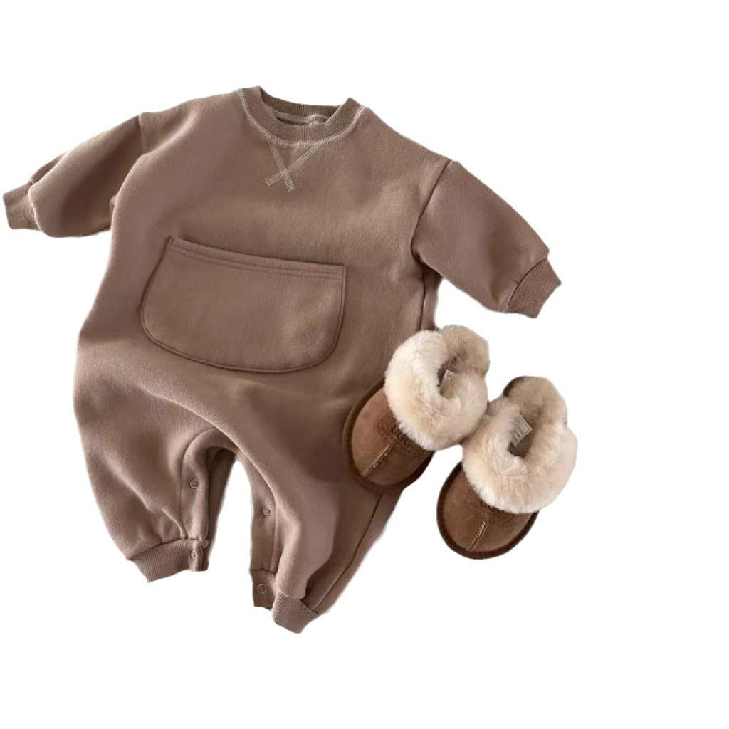 Solid Color Kangaroo Pocket Belly Big Bag Long Sleeve Romper