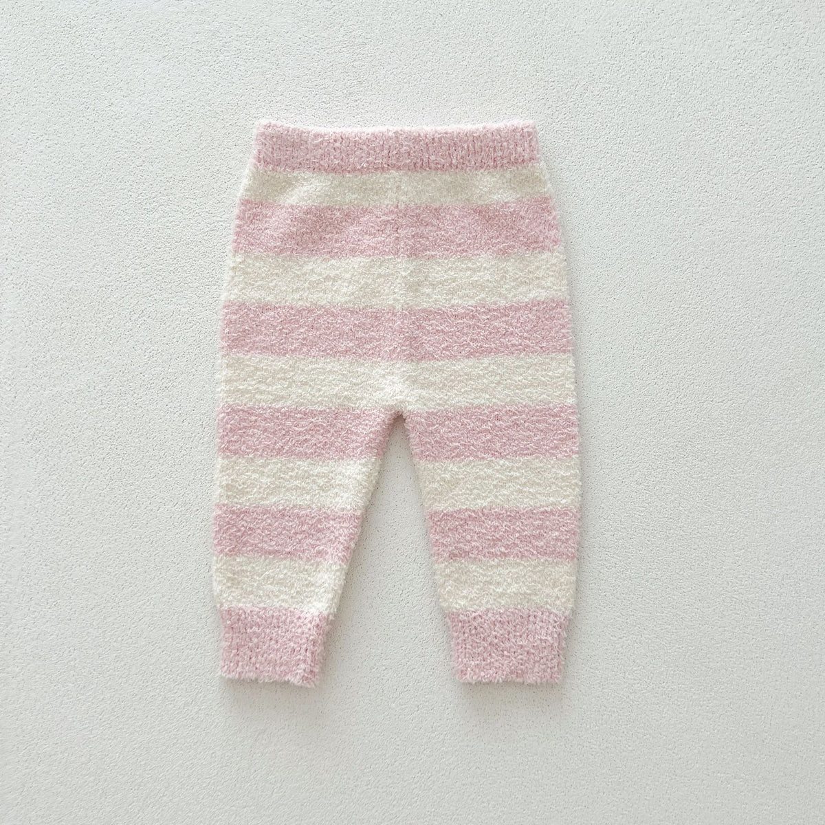 Pink and cream striped knit pants with elastic waist