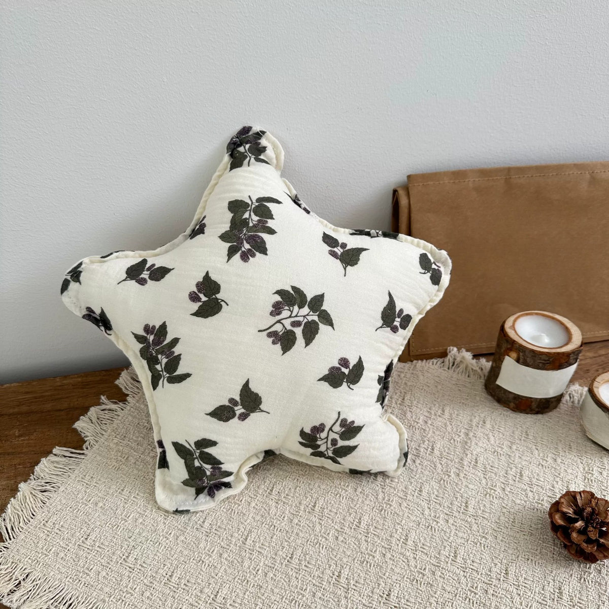 Mulberry Leaf star cushion with dark leaf print