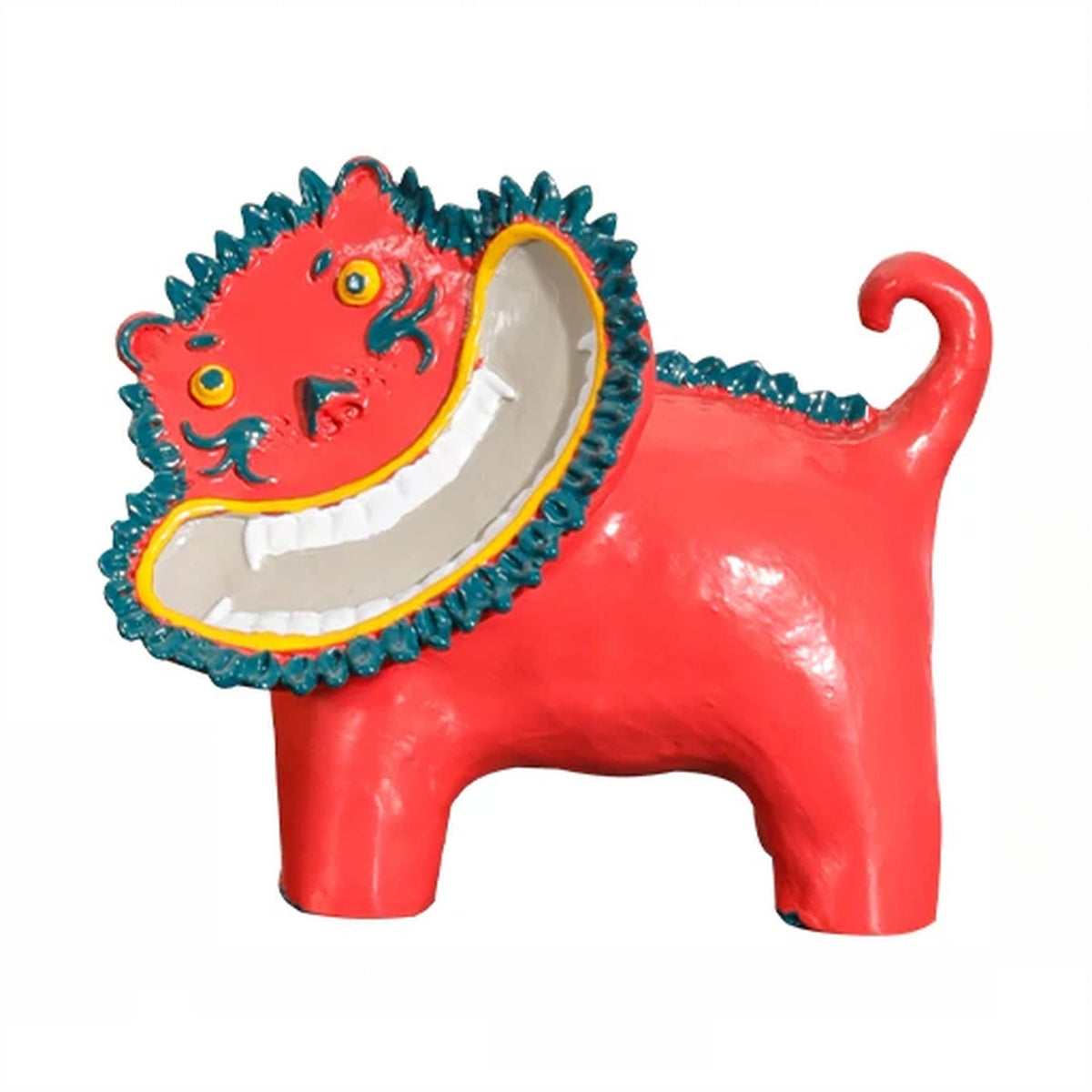 Red Lion figurine with a wide smile and teal mane