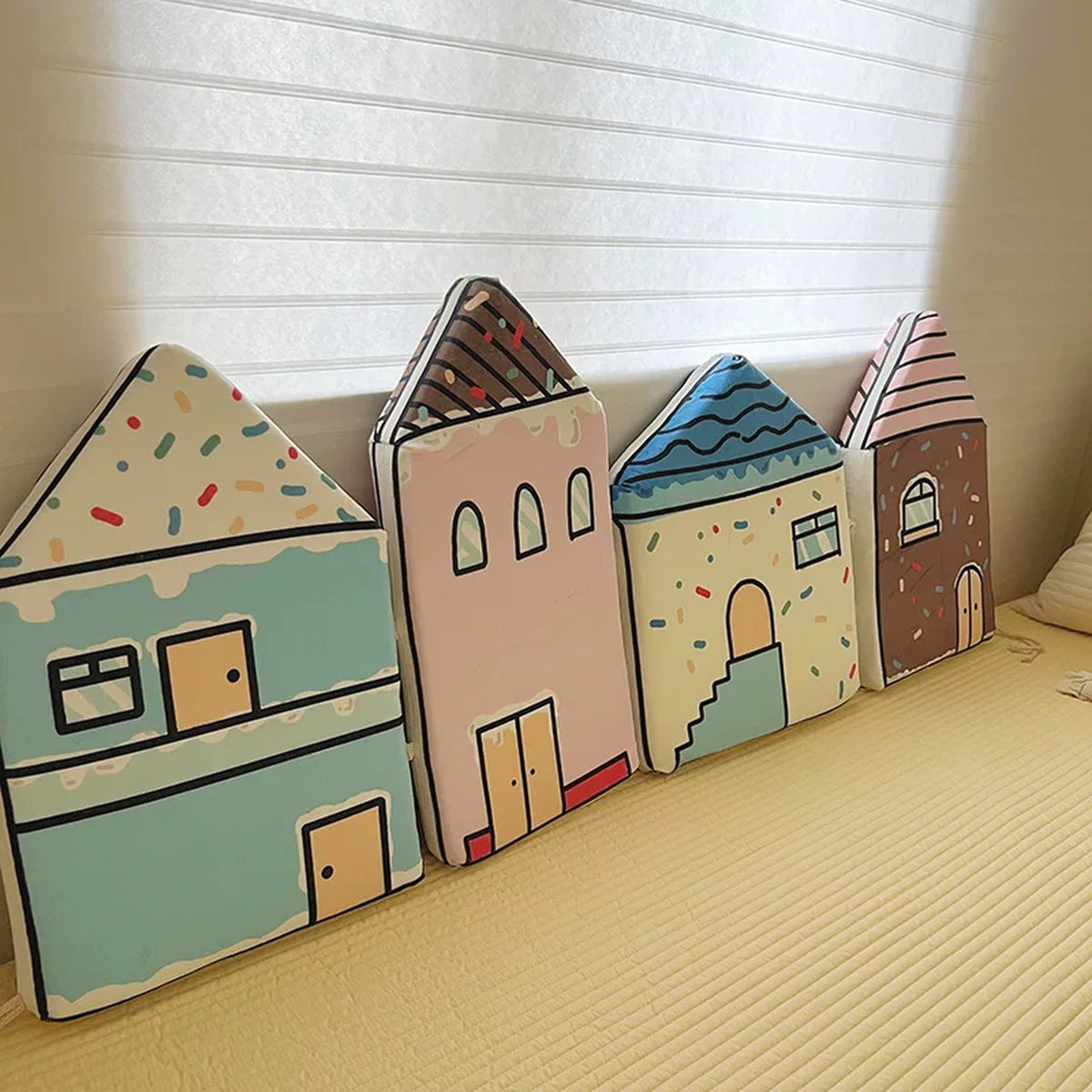Ice Cream Street house cushions set with sprinkle roofs in mint and pink