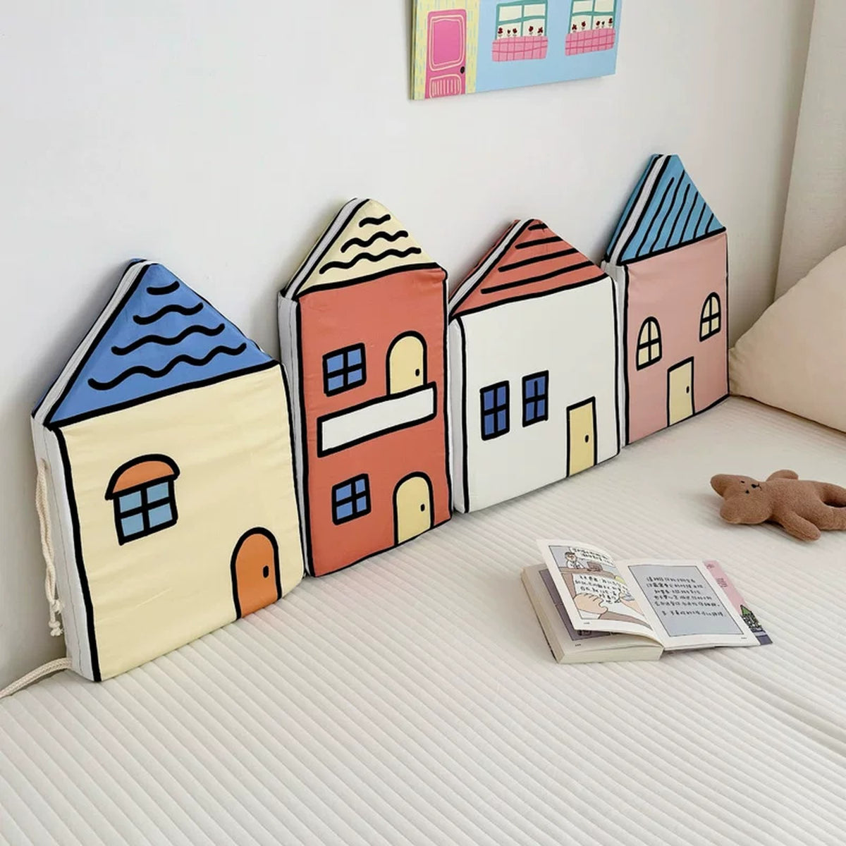 Crayon Town house cushions set with blue roofs and hand-drawn windows