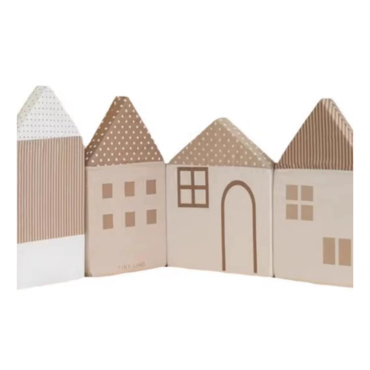 Mocha set of four house-shaped cushions on a white background