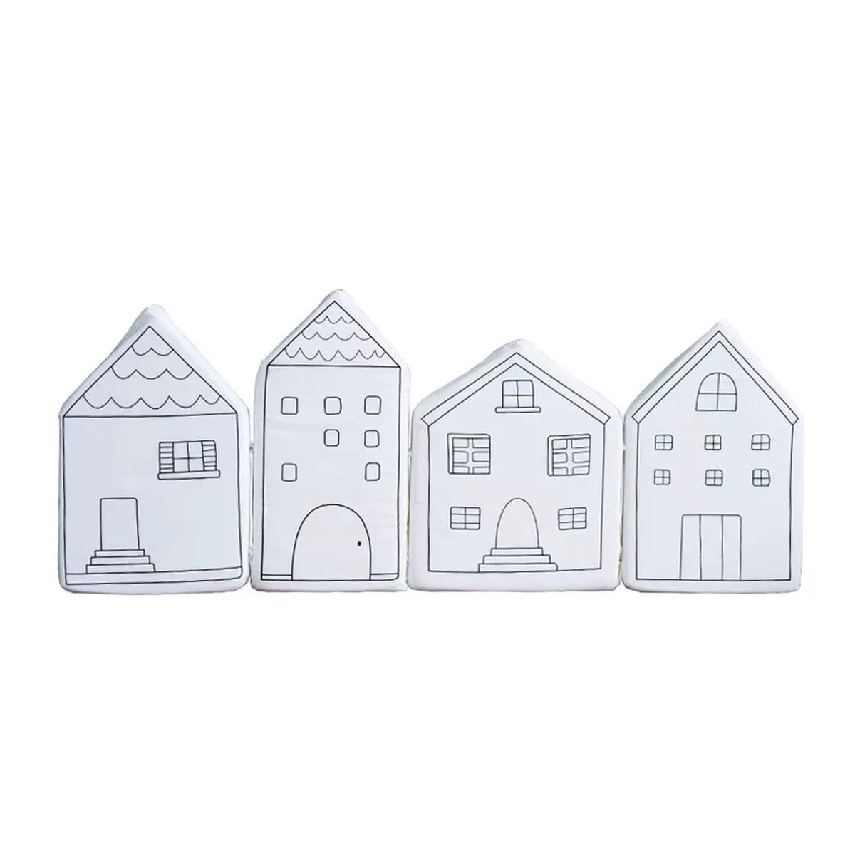 Line Art set of four white house cushions with hand-drawn details