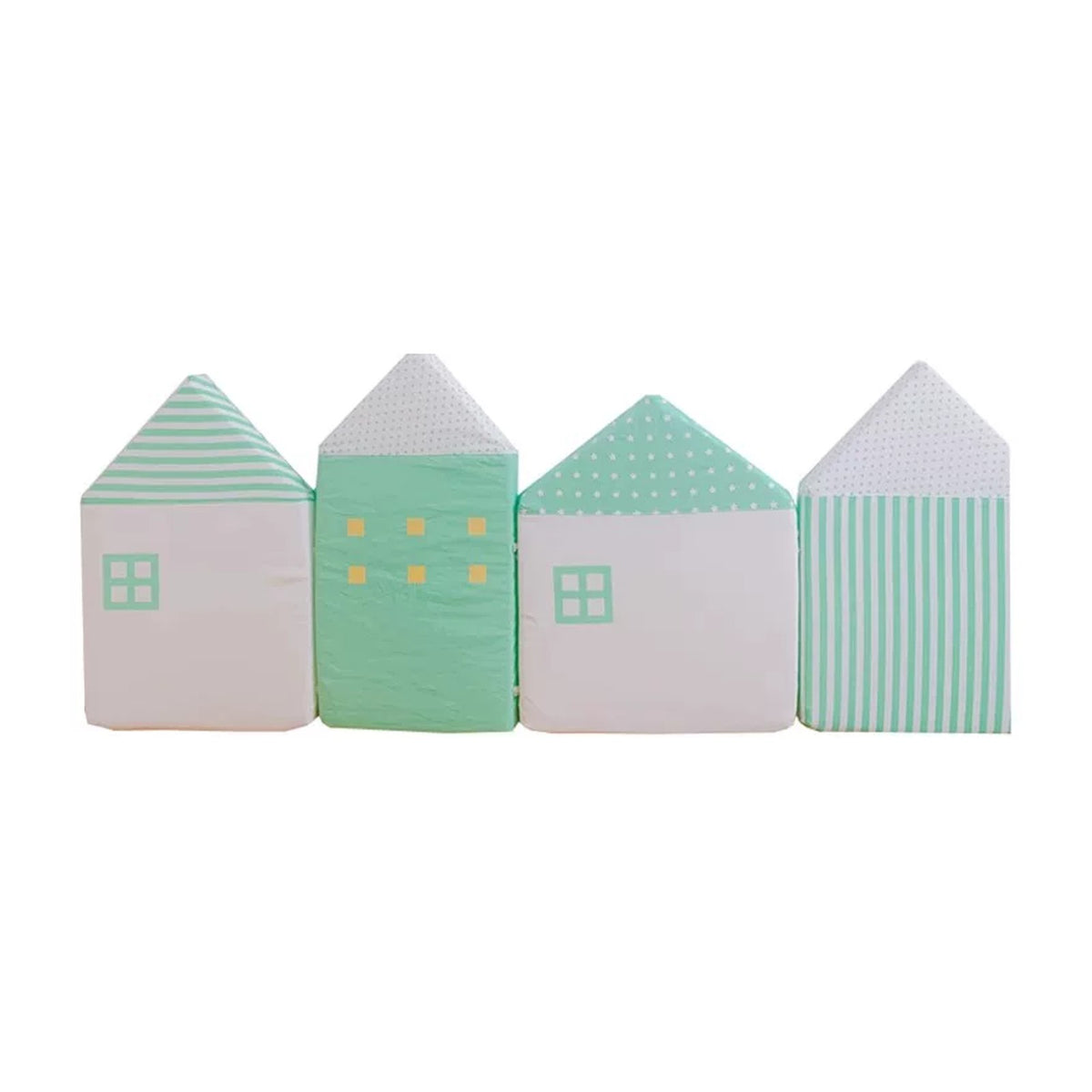 Mint set of four house cushions with stripes and dots