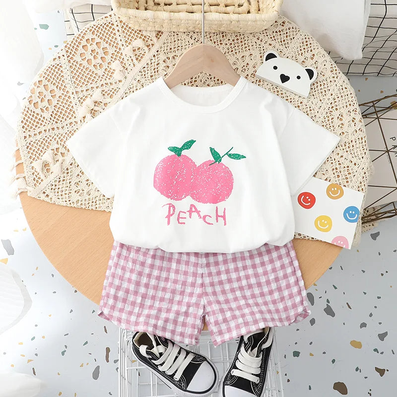 Cute Fruit Tees & Plaid Shorts Set