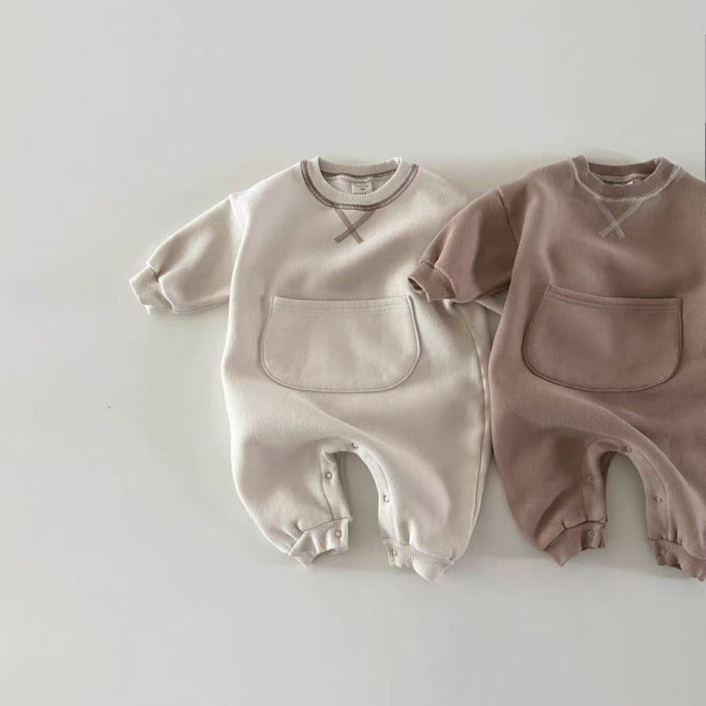 Solid Color Kangaroo Pocket Belly Big Bag Long Sleeve Romper