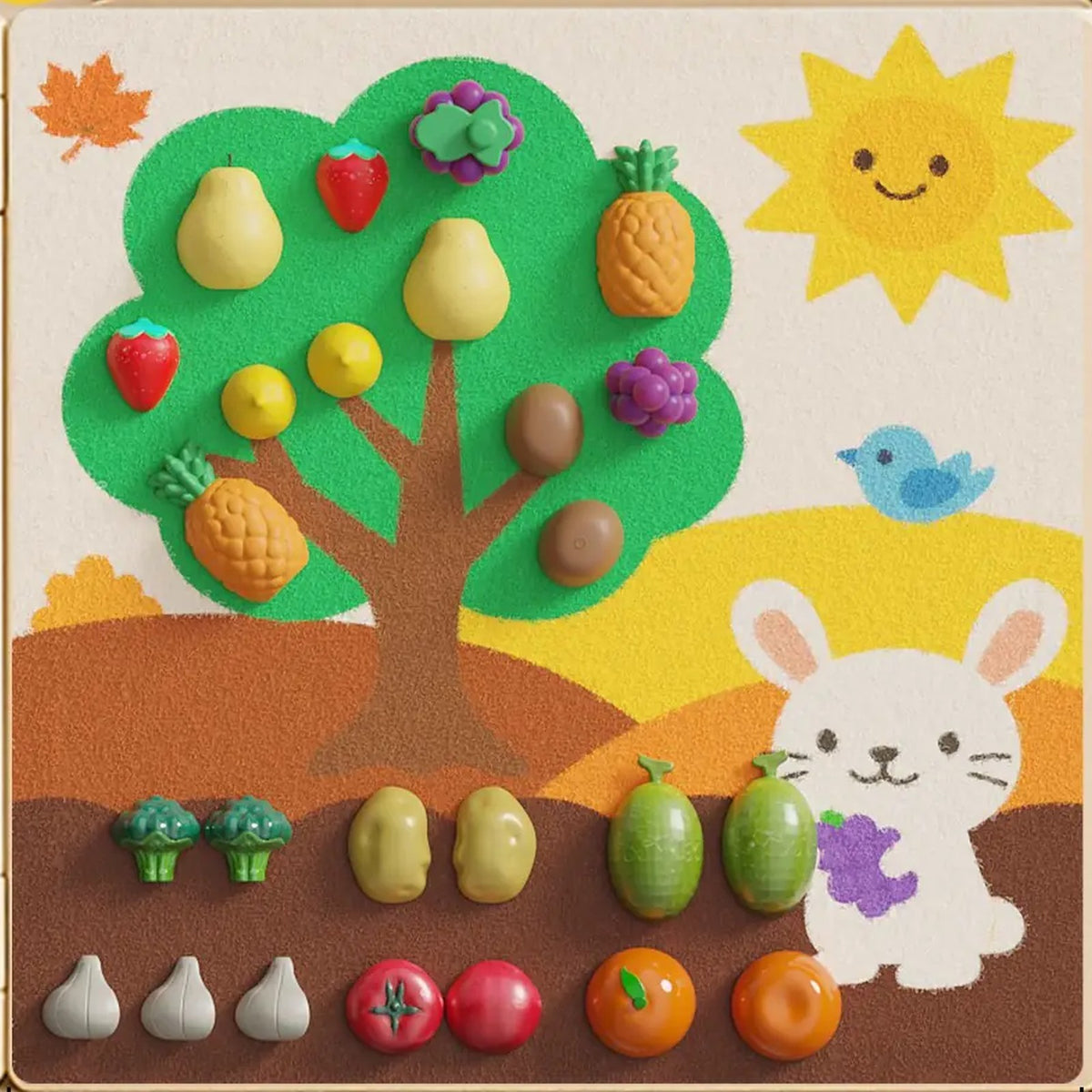 Bunny Garden felt board with fruit and vegetable pieces attached to the tree and garden