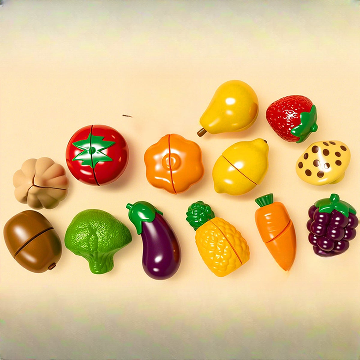 Pretend-play fruit and vegetable cutting pieces that come apart