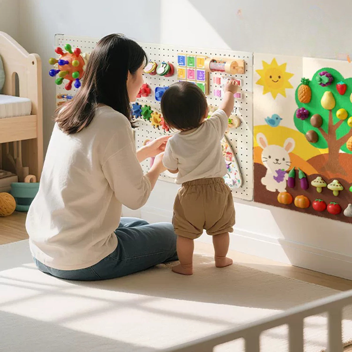 Parent and toddler playing with felt boards mounted on a playroom wall