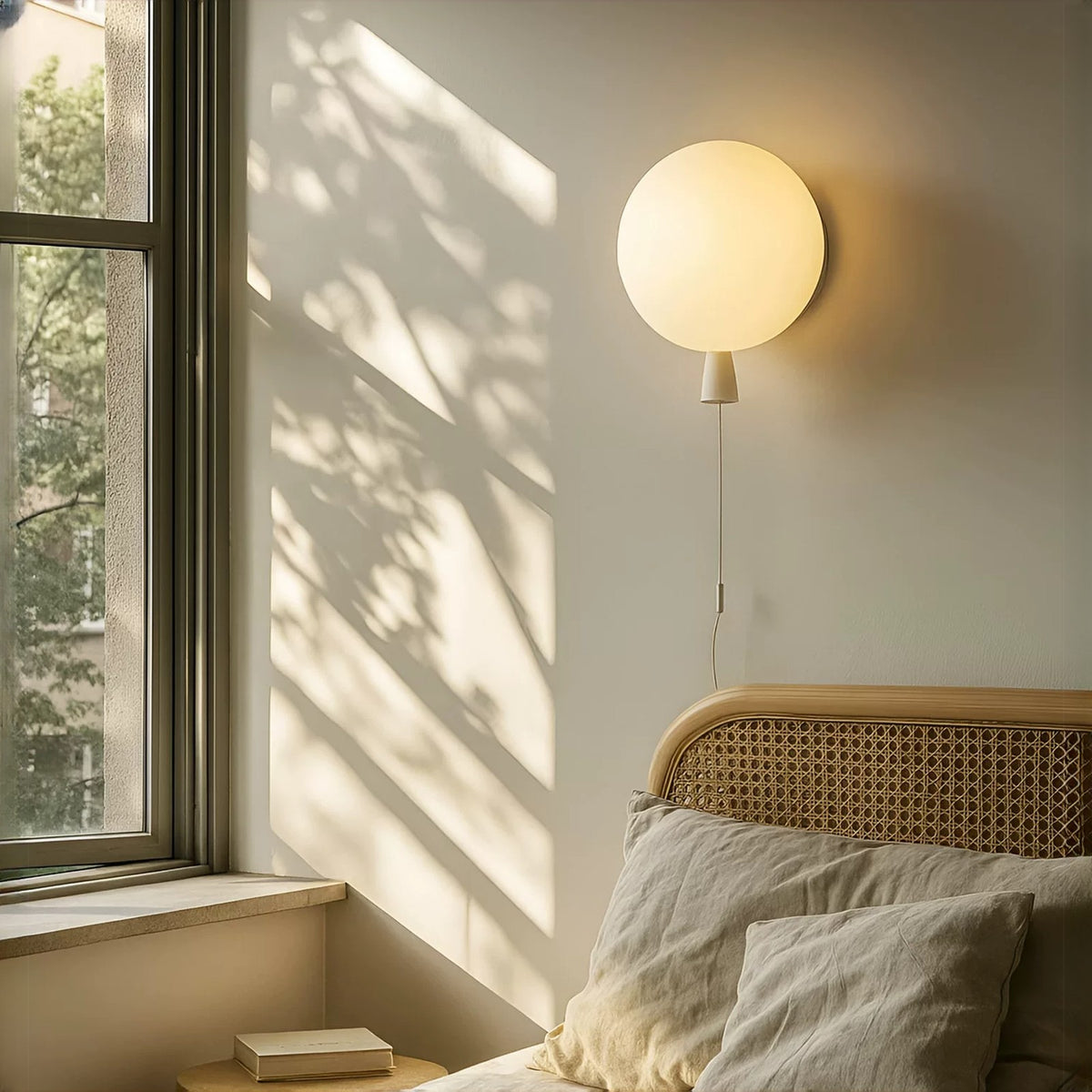 Frosted white balloon wall lamp above a rattan bed in a sunlit bedroom