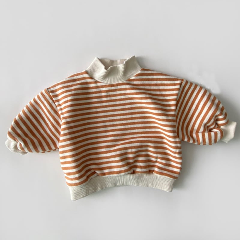 Pumpkin orange and cream striped mock neck baby top, flat lay