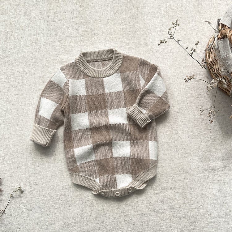 Oat beige gingham knit baby romper, flat lay