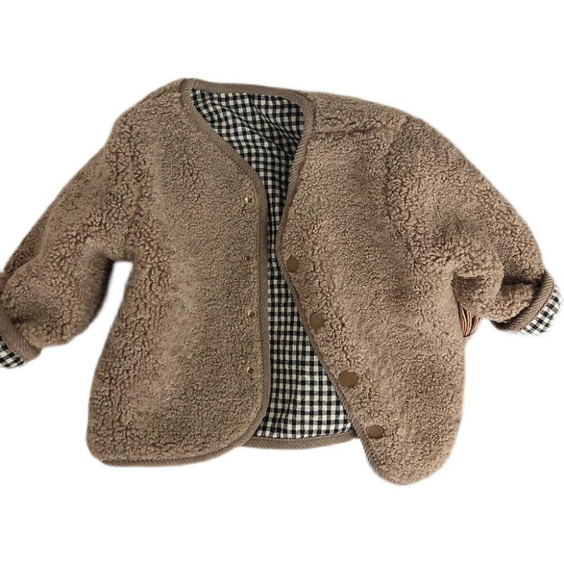 Children's Thickened Warm Coat With Checkered Wool On Both Sides