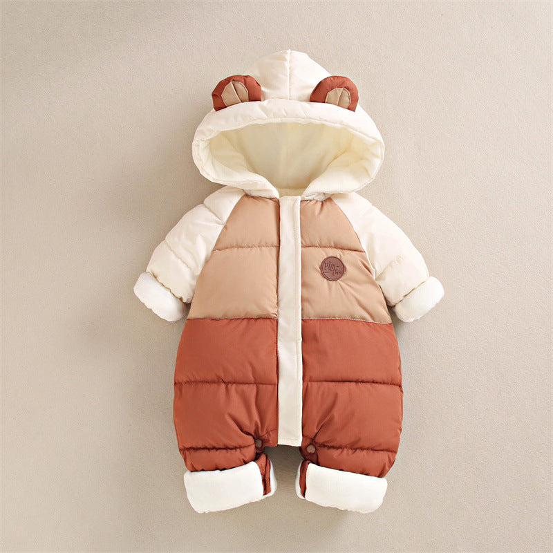 Adorable color-blocked baby romper with shades of cream, tan, and rust, featuring a hood with charming bear ears. This puffer-style romper is designed for warmth with a cozy fleece lining, fold-over mittens, and footed legs to keep little ones snug during chilly days.