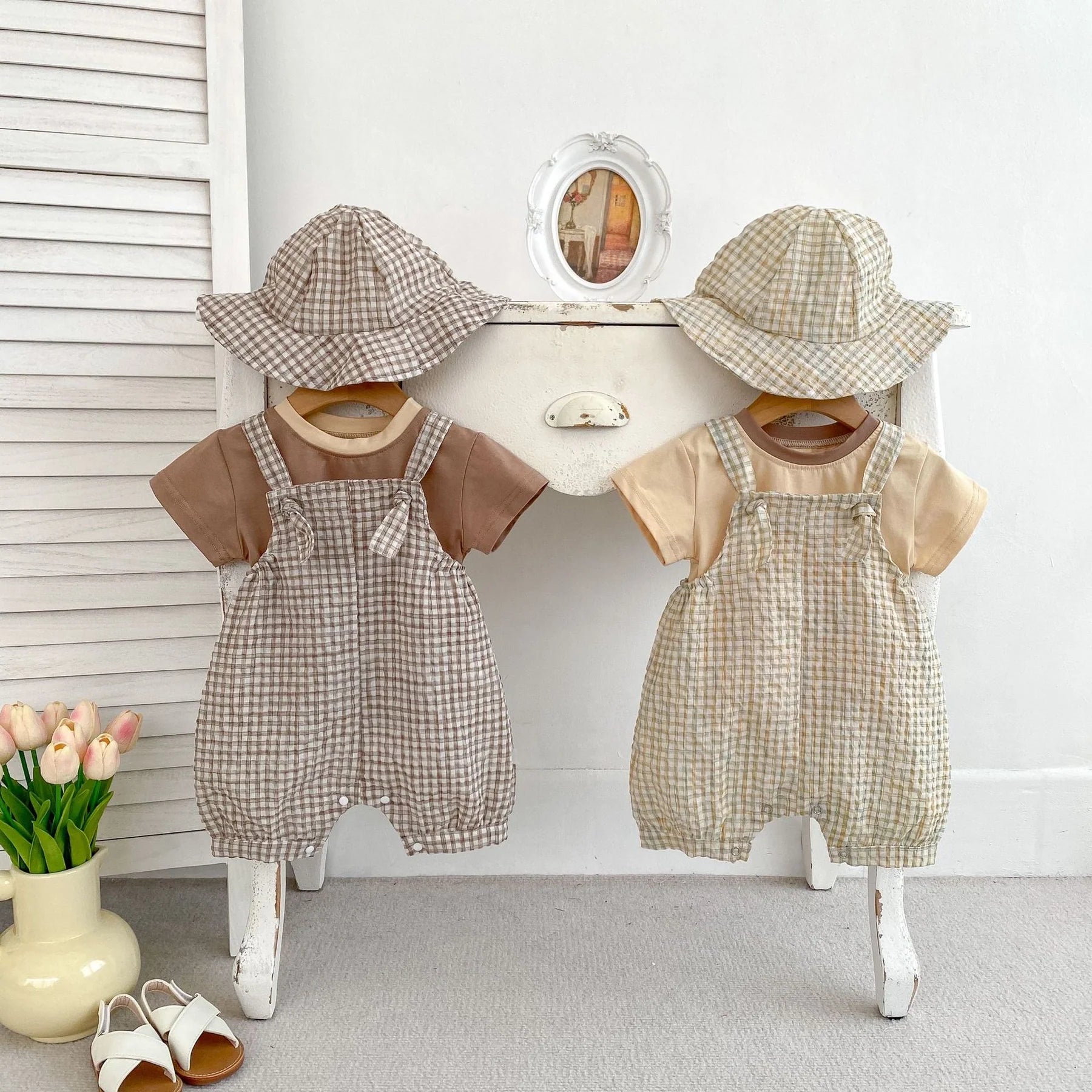 Gingham Baby Romper Set with T-Shirt and Hat