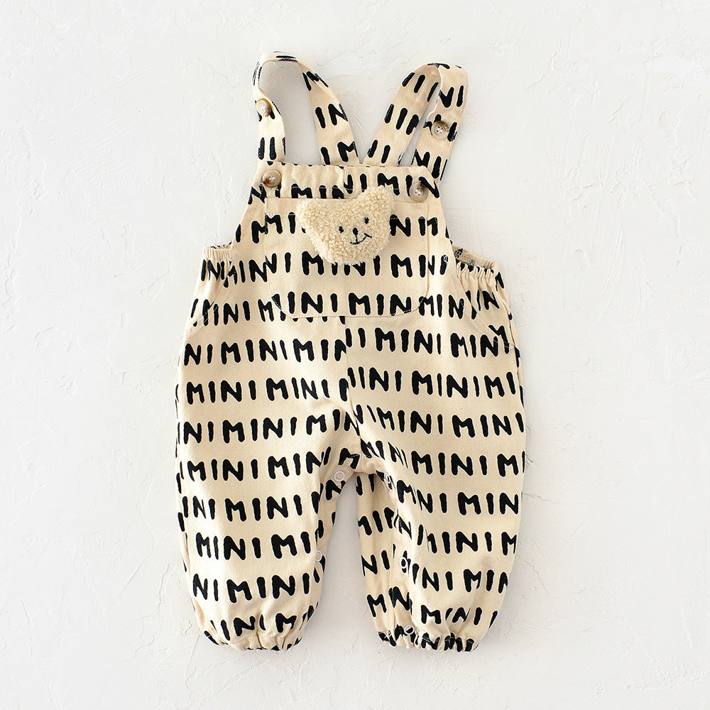 Cream baby overalls with MINI letter print and 3D teddy bear pocket patch