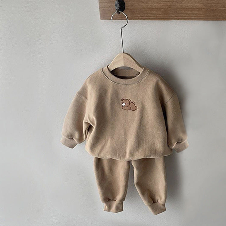 Cozy toddler beige sweater and pants set with an adorable bear embroidery on the chest, ideal for autumn and winter seasons. This soft, comfortable two-piece outfit is designed for warmth and style, making it a perfect choice for casual daily wear or a thoughtful gift for young children. Unisex design suitable for both boys and girls.