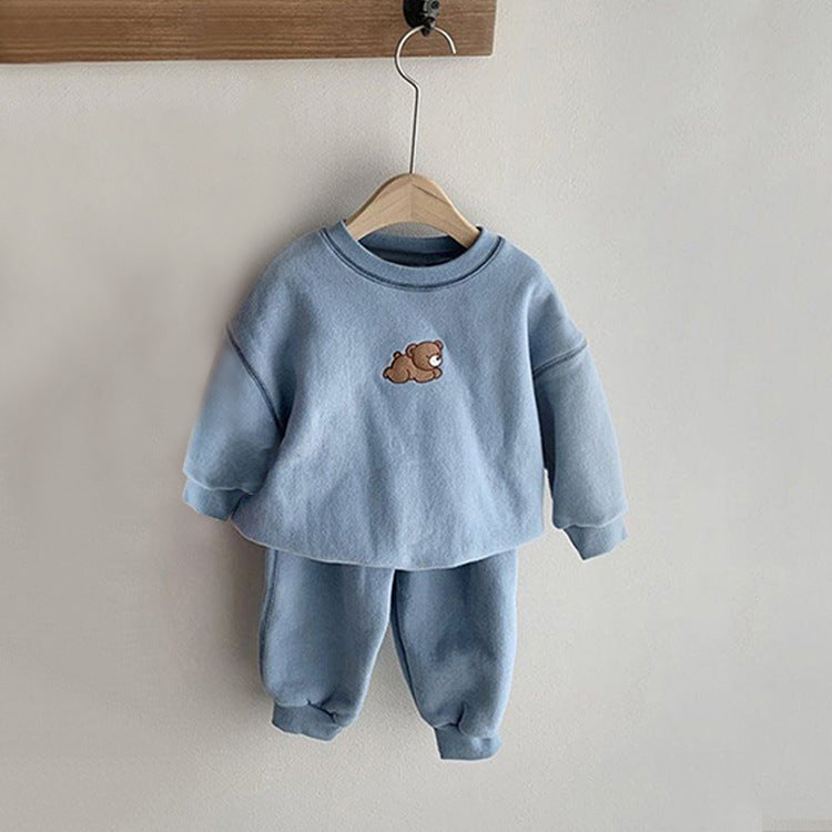 Cozy light blue toddler sweater and pants set with adorable bear embroidery, ideal for fall and winter. Soft, warm, and perfect for casual outings, this unisex outfit adds a touch of playful charm to your child's wardrobe. Comfortable and stylish, great for everyday wear or as a gift.