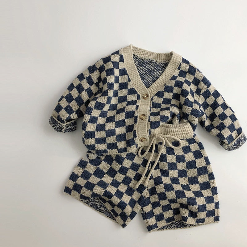 Checkerboard knit cardigan and matching shorts set, toddler two-piece