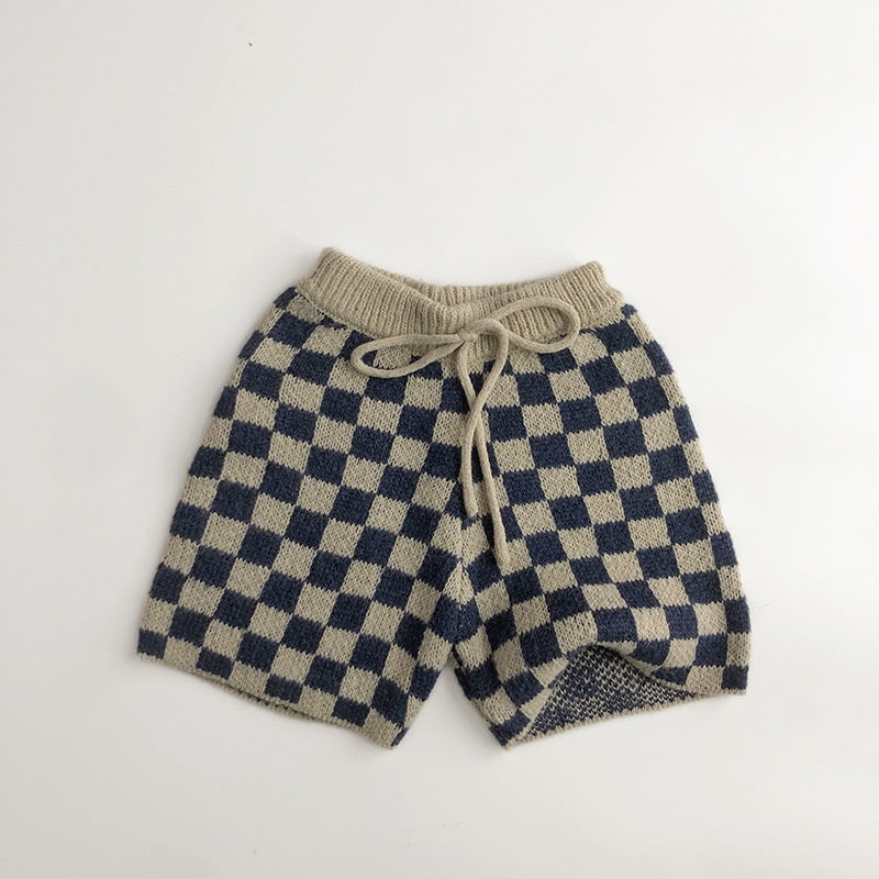 Navy and beige checkerboard knit shorts with drawstring waist, toddler
