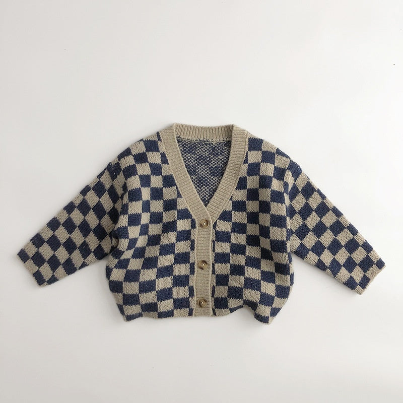 Navy and beige checkerboard knit cardigan with button front, toddler sweater
