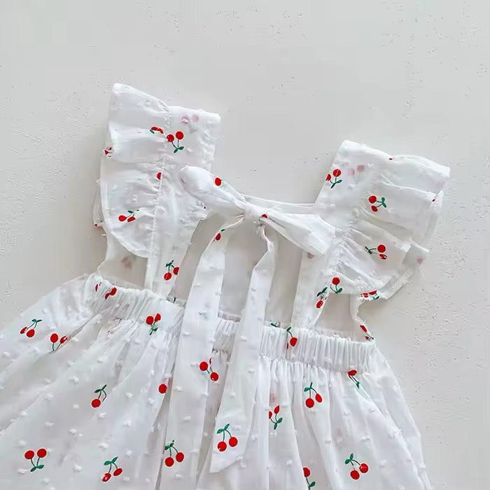 Cherry print baby dress back bow tie closure and ruffle straps