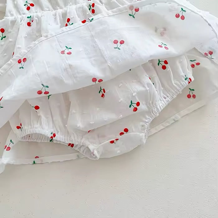 Cherry print baby dress with built-in bloomer shorts detail