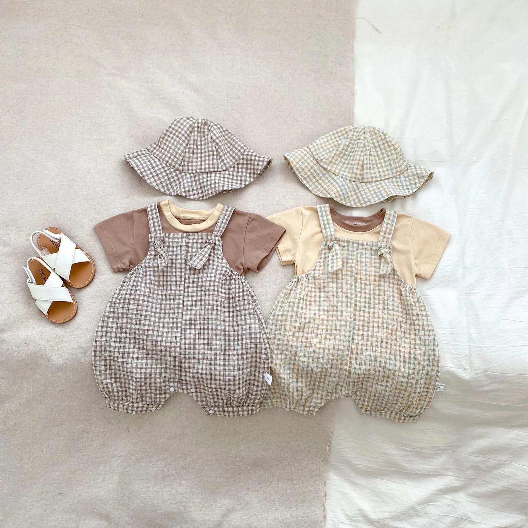 Gingham Baby Romper Set with T-Shirt and Hat