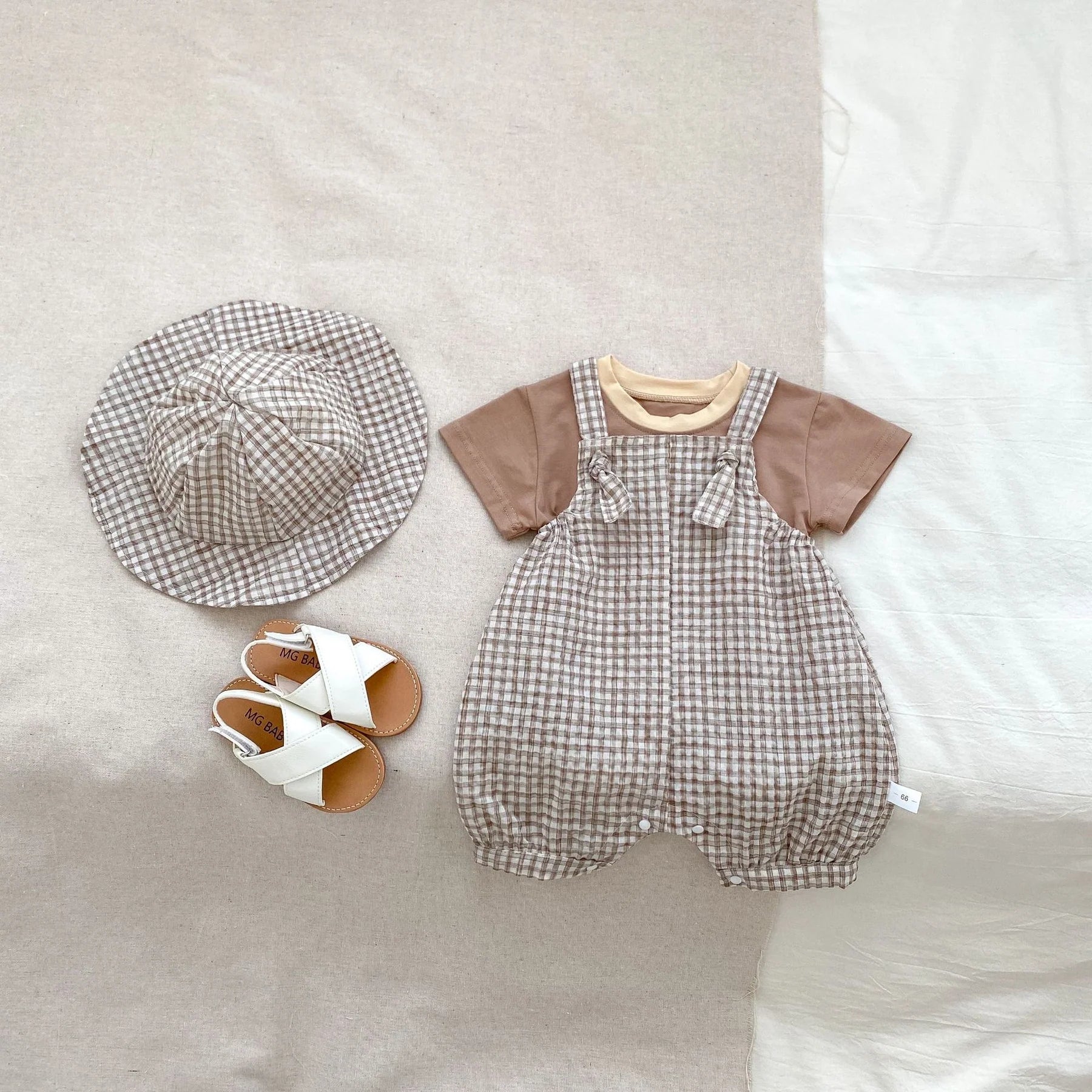 Gingham Baby Romper Set with T-Shirt and Hat