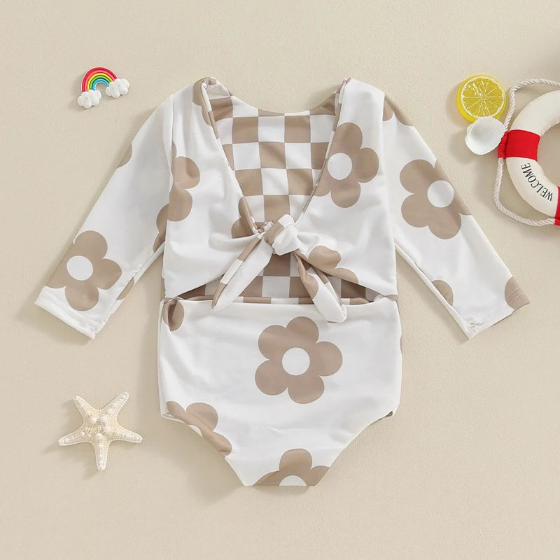 Floral long sleeve swimsuit baby girl front view