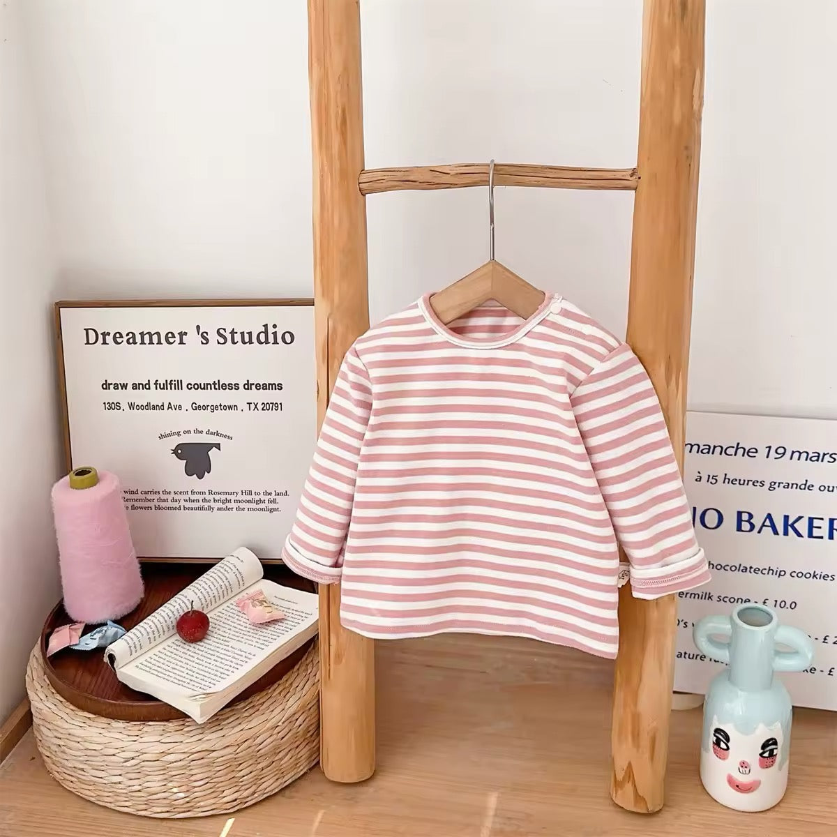 Pink and white striped long sleeve baby shirt, matching layering top