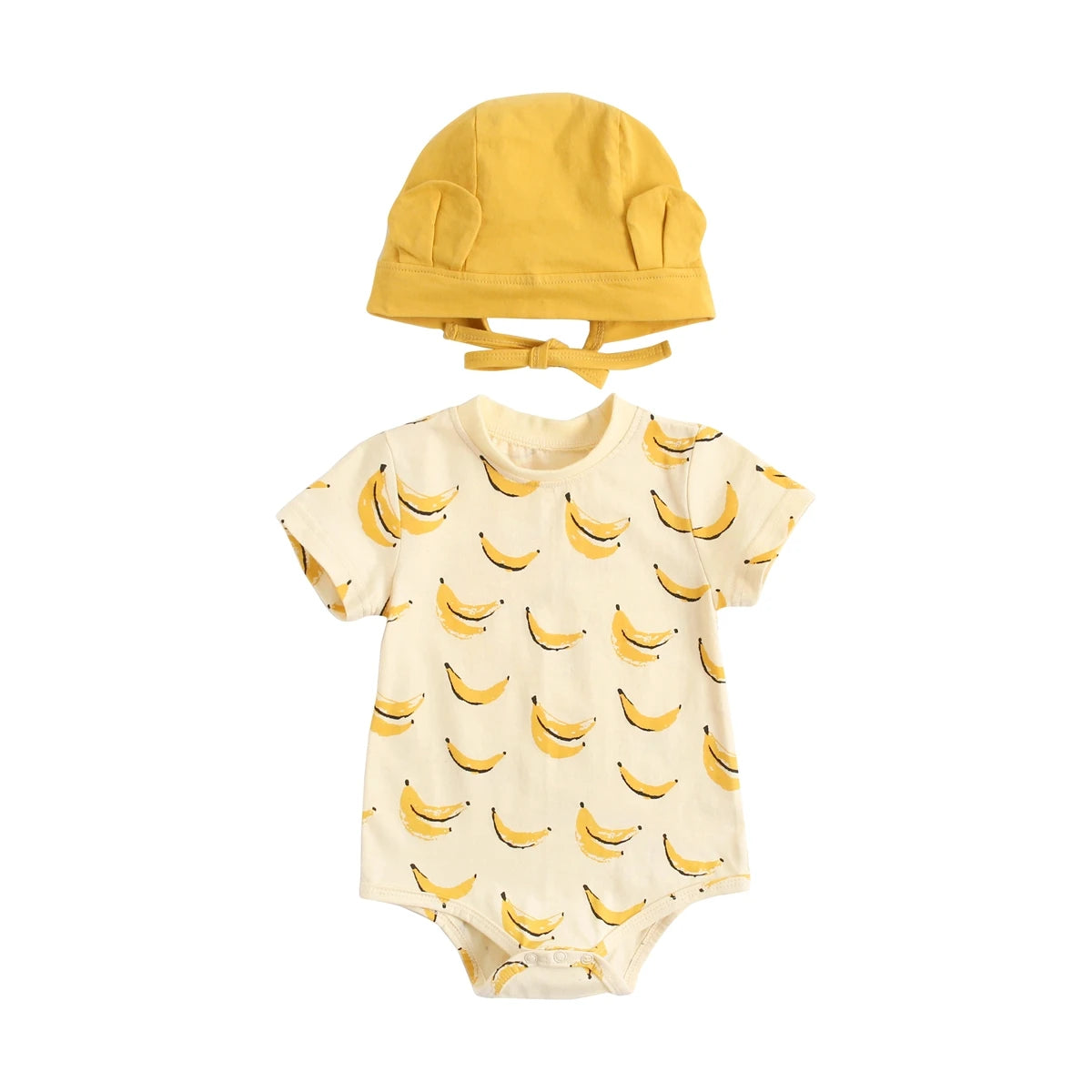 Banana print baby bodysuit with matching yellow bear ear bonnet hat
