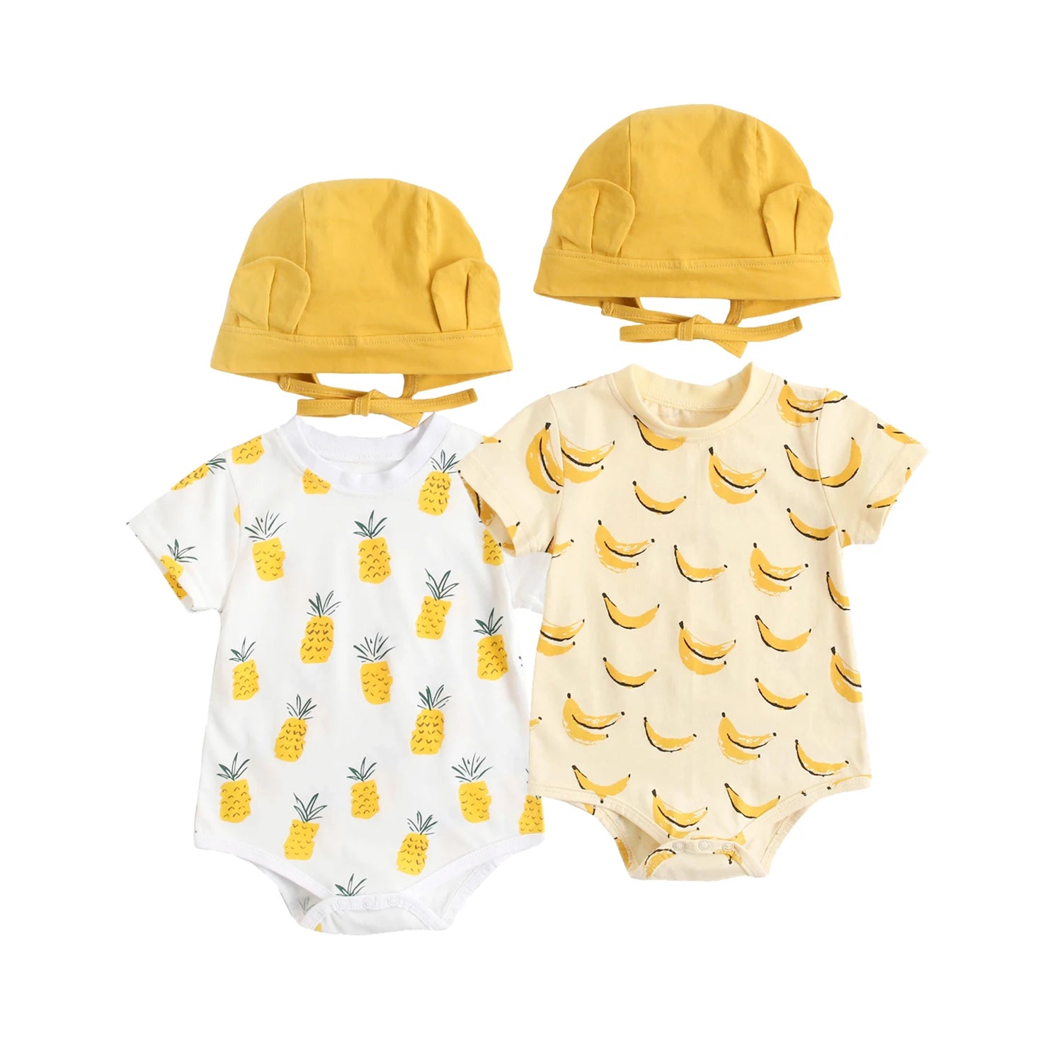 Pineapple and banana print baby bodysuits with matching yellow bonnet hats