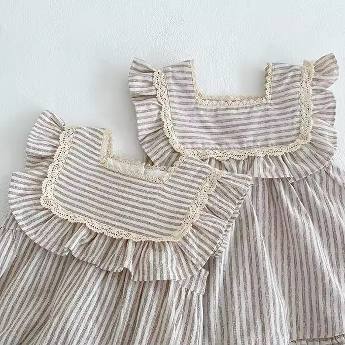 Linen Stripes Dress & Romper Set – Rustic Charm 🤎🌾