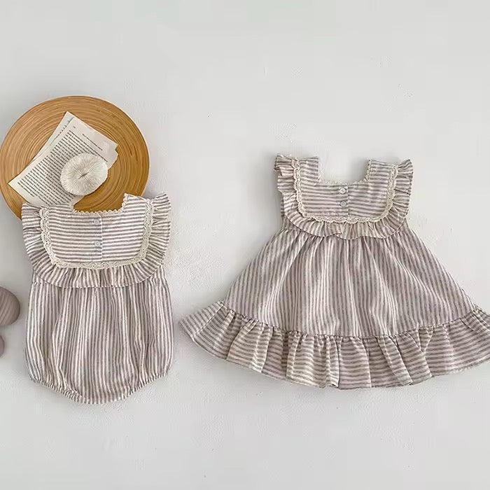 Linen Stripes Dress & Romper Set – Rustic Charm 🤎🌾